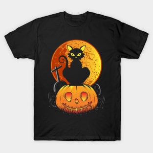 Black Cat on Pumpkin Halloween T-Shirt